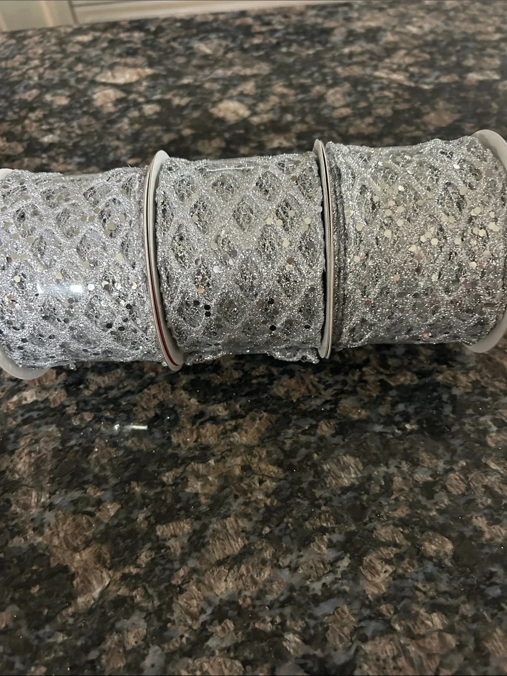 CELEBRATE IT SILVER TINSEL MESH WIRED RIBBON 2.5